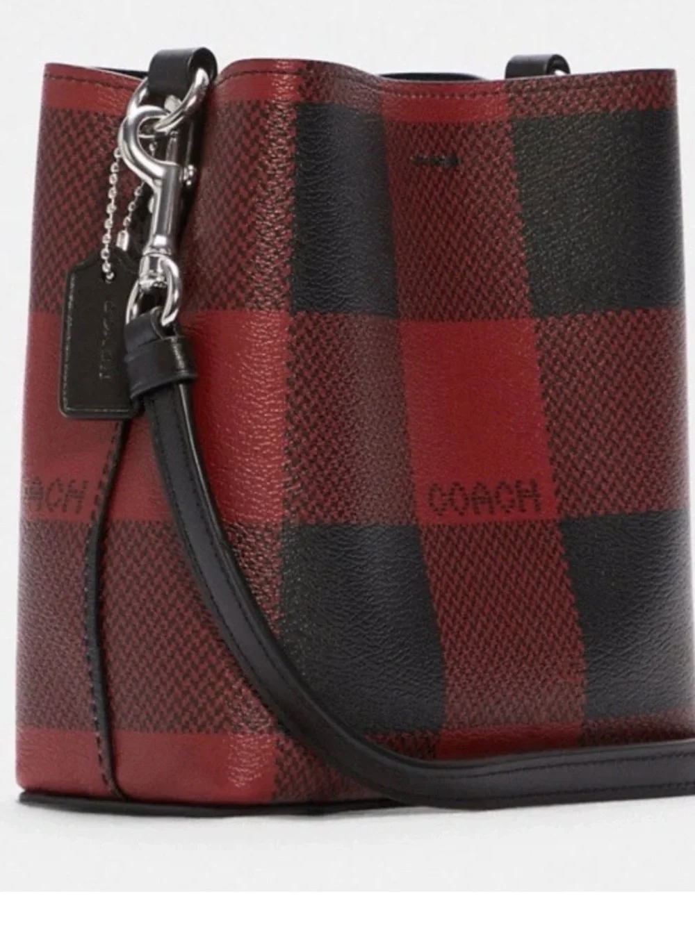 NWT Coach Mini Town Bucket Bag With Buffalo Plaid Print- Red/Black C7267